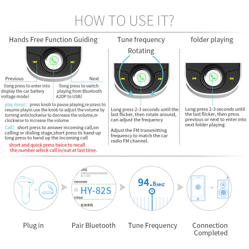 HY82S MP3 Music Player FM Transmitter Hands-free QC3.0 Dual USB Port Wireless Bluetooth Car Charger