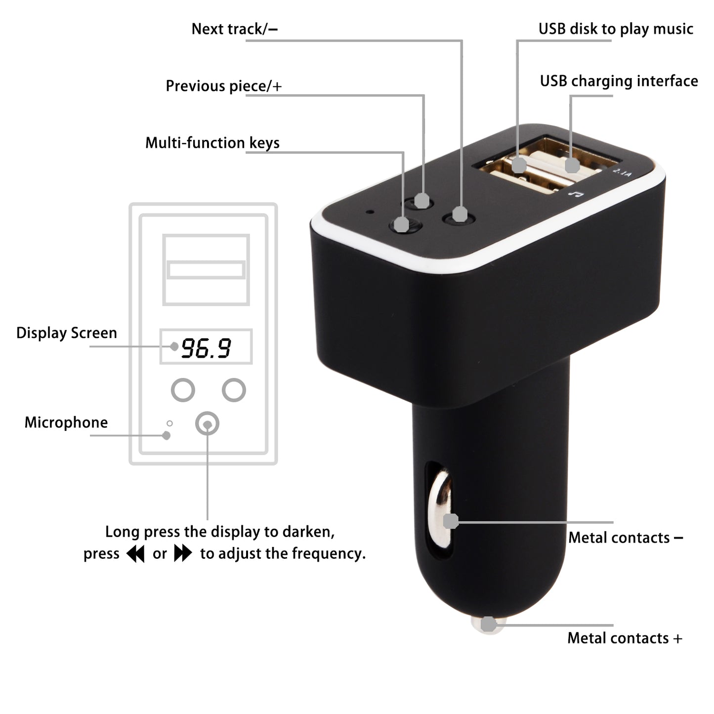 EC7 Smart Car Bluetooth MP3 Player FM Transmitter Dual USB Port Car Charger - Black