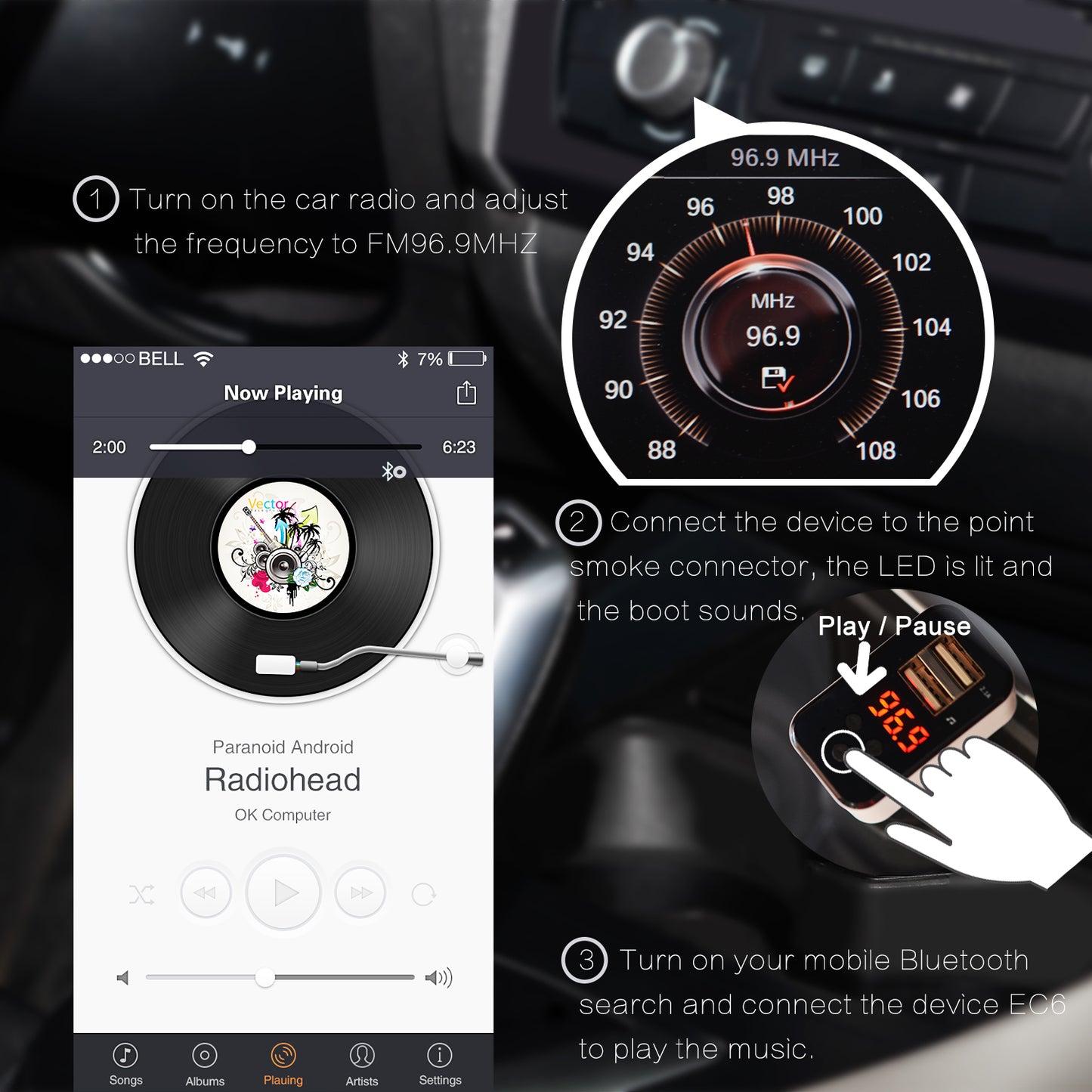 EC7 Smart Car Bluetooth MP3 Player FM Transmitter Dual USB Port Car Charger - Black
