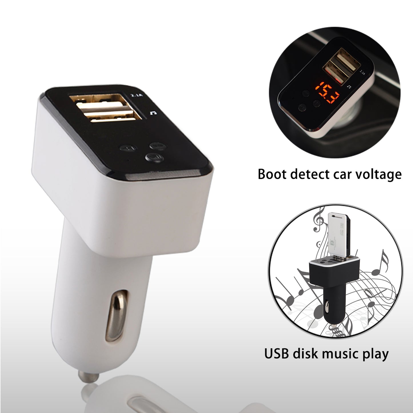 EC7 Hands-free Bluetooth MP3 Player FM Transmitter Two USB Ports Car Charger - White