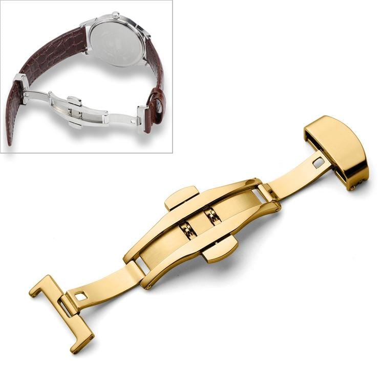 Watch Leather Wrist Strap Butterfly Buckle 316 Stainless Steel Double Snap, Size: 18mm (Gold)