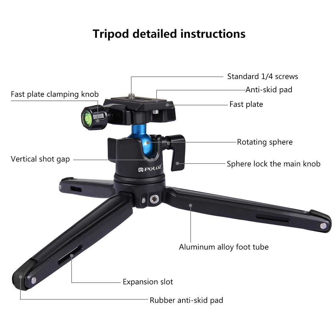 Puluz PU3002 Mini Aluminum Alloy Camera Tripod with Adjustable Leg Height 11~21cm for Sony, Nikon, Canon DSLR Cameras