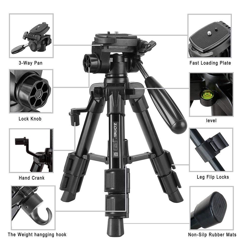 Zomei Q100 Portable Aluminum Alloy Mini Travel Camera Tabletop Tripod Lampstand - Black