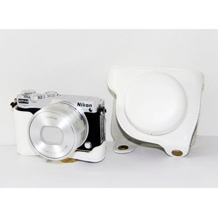 PU Leather Camera Protection Cover Case + Shoulder Strap for Nikon J5 - White