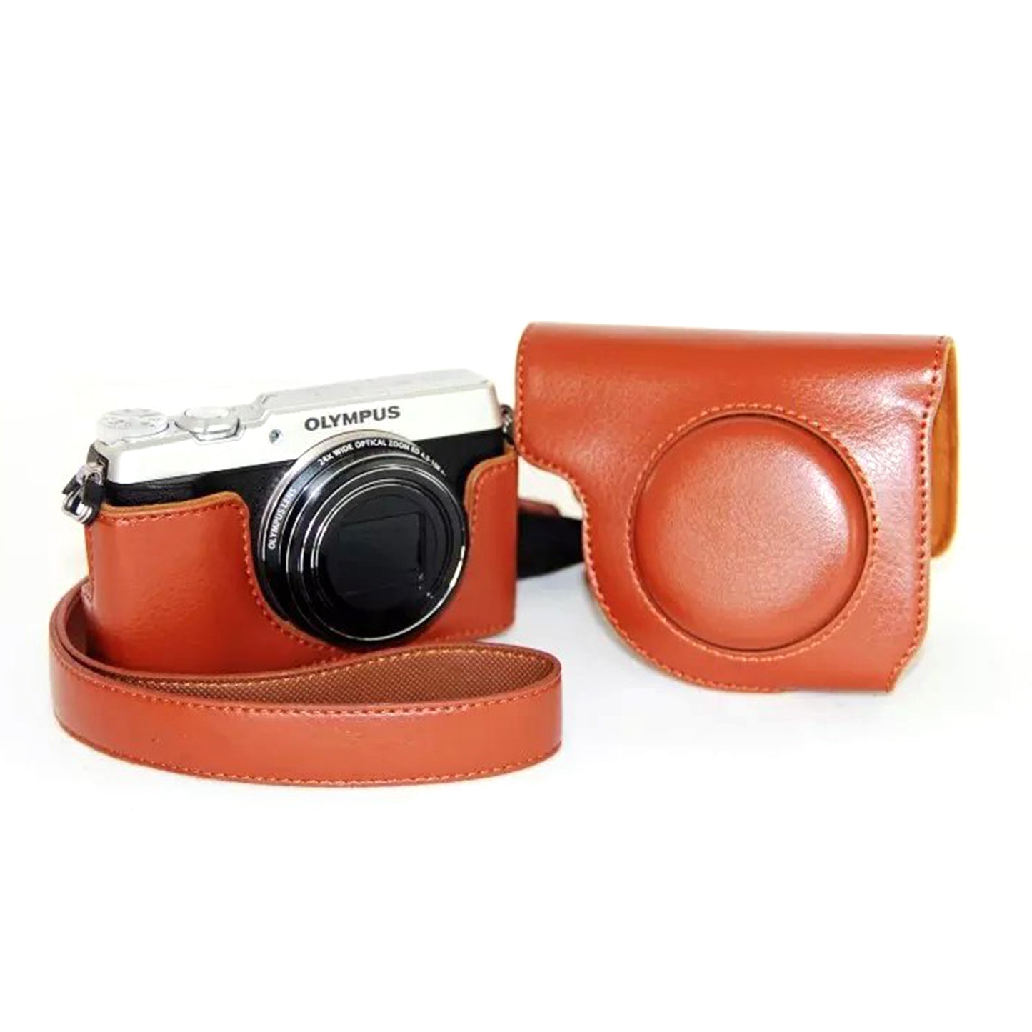 PU Leather Camera Protective Case with Shoulder Strap for Olympus SH-2/SH-1 - Brown