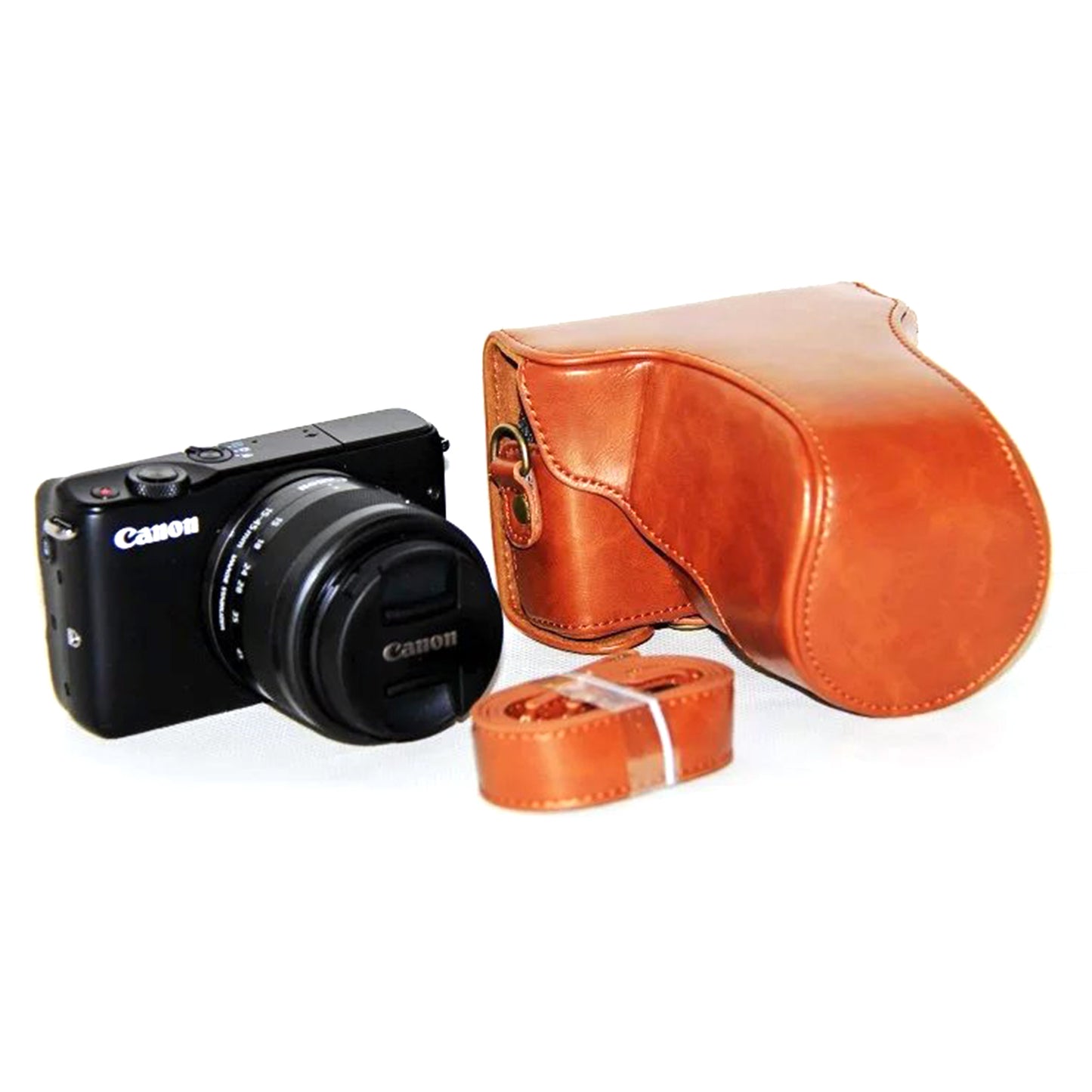 PU Leather Camera Protective Case + Strap for Canon EOSM/EOSM2/EOSM 10 with 15-45mm Lens - Brown