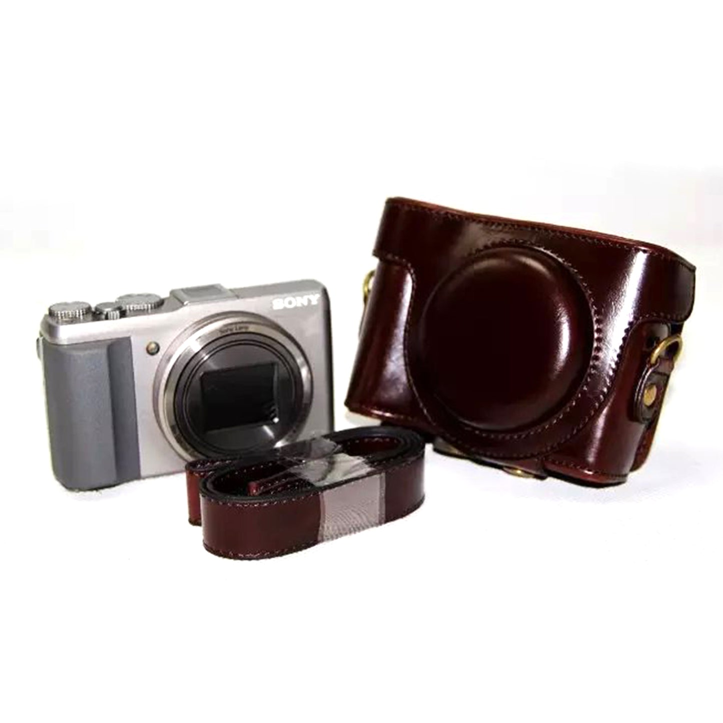 PU Leather Camera Protective Pouch + Shoulder Strap for Sony HX60/HX50/HX30 - Coffee