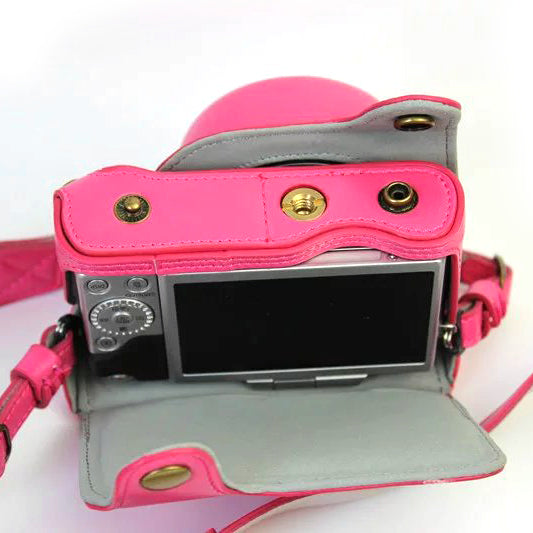 PU Leather Camera Protective Shell + Strap for Panasonic DMC-GF8/GF7 - Rose
