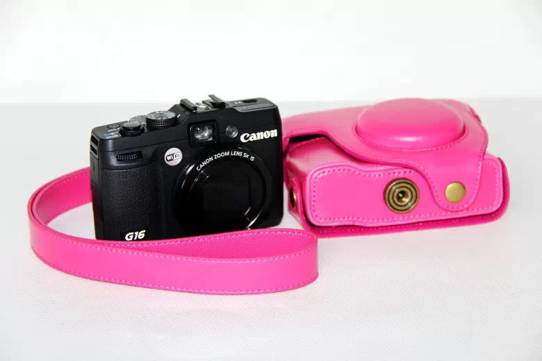 PU Leather Camera Protection Pouch + Shoulder Strap for Canon PowerShot G15/G16 - Rose