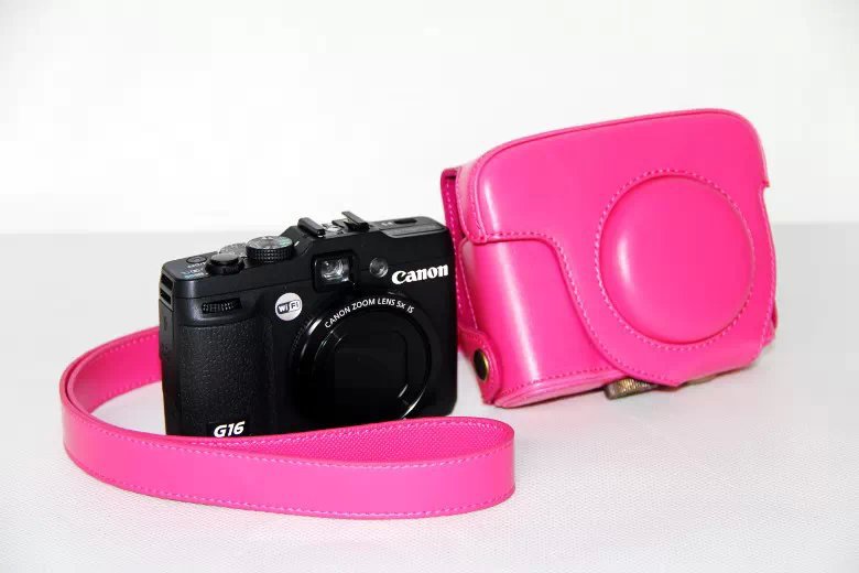 PU Leather Camera Protection Pouch + Shoulder Strap for Canon PowerShot G15/G16 - Rose