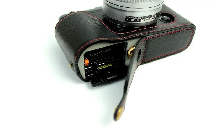 Genuine Split Leather Half Camera Case Bag for Fujifilm XE1 XE2 - Black