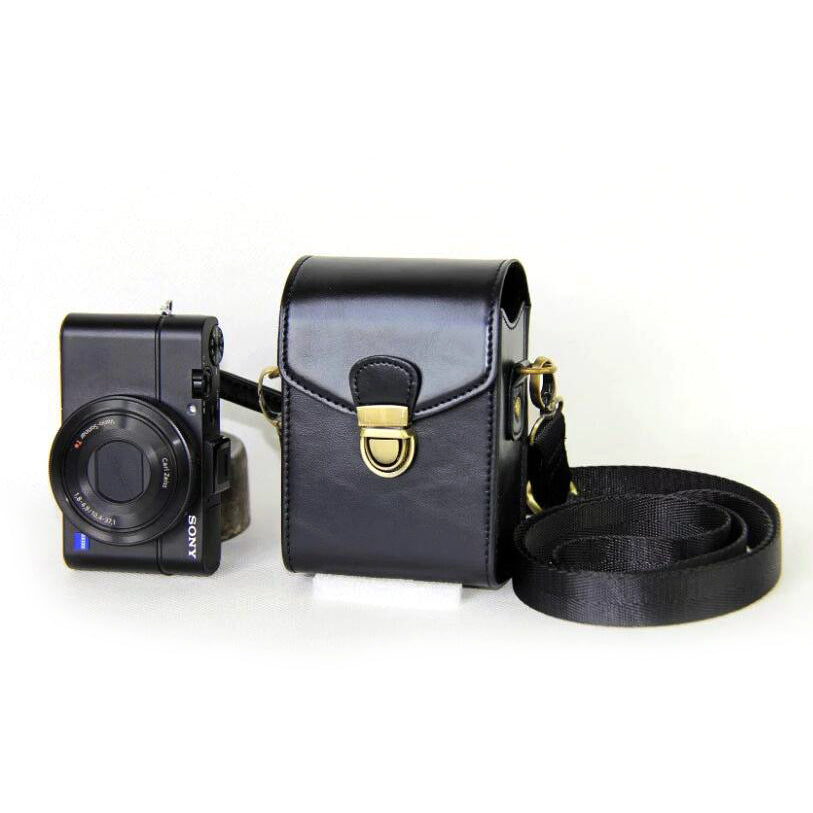 PU Leather Camera Shoulder Bag Waterproof Shoulder Camera Bag for Hiking Camping Trekking Cycling - Black