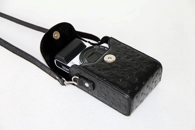 Ostrich Texture Vertical Flip Leather Case Single Shoulder Bag for Casio ZR1000/ZR1200/ZR1500/ZR3500 - Black