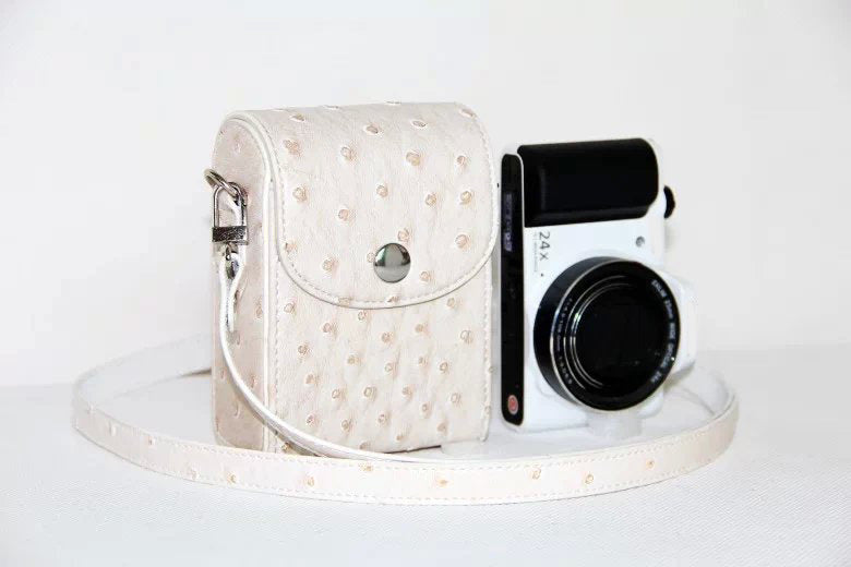 Ostrich Texture Vertical Flip Leather Protective Case Holder Bag for Casio ZR1000/ZR1200/ZR1500/ZR3500 - White
