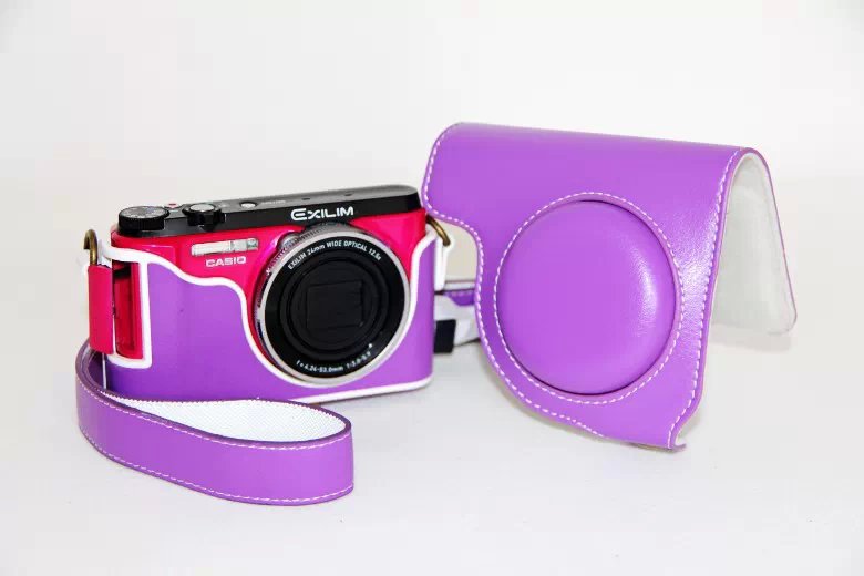 PU Leather Camera Case + Shoulder Strap for Casio ZR1000/1200/1100/1500 - Purple