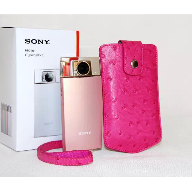 Ostrich Texture Vertical Leather Case Holder with Wrist Strap for Casio TR500 Sony KW1 - Rose