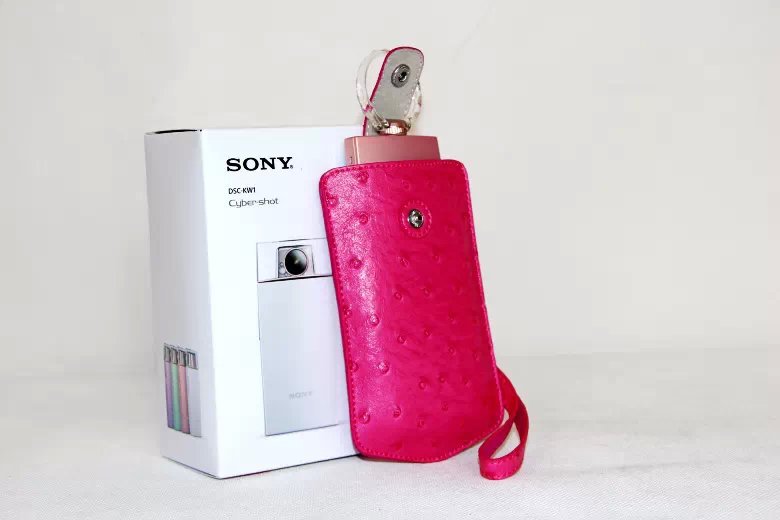 Ostrich Texture Vertical Leather Case Holder with Wrist Strap for Casio TR500 Sony KW1 - Rose