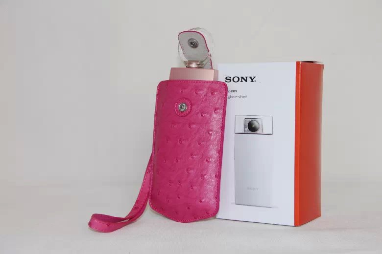Ostrich Texture Vertical Leather Case Holder with Wrist Strap for Casio TR500 Sony KW1 - Rose