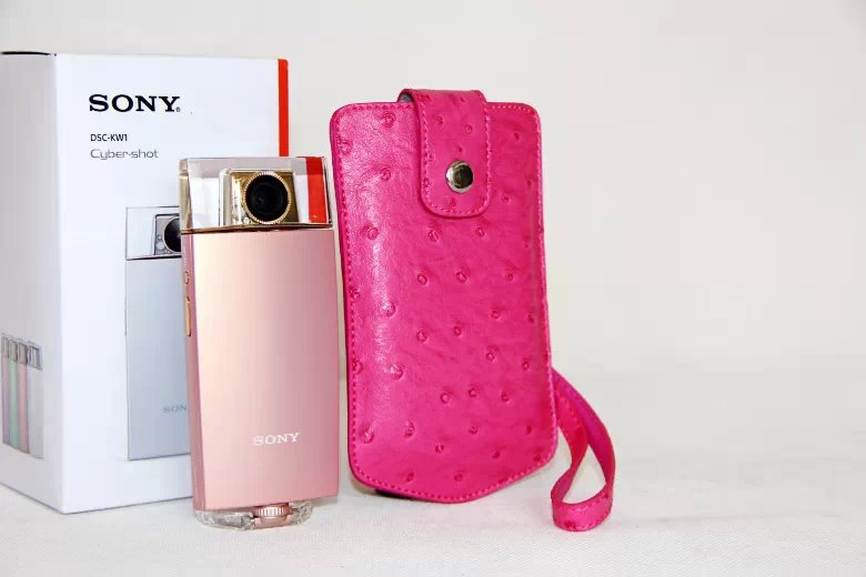 Ostrich Texture Vertical Leather Case Holder with Wrist Strap for Casio TR500 Sony KW1 - Rose