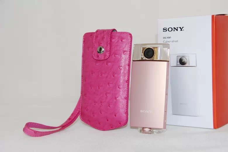 Ostrich Texture Vertical Leather Case Holder with Wrist Strap for Casio TR500 Sony KW1 - Rose