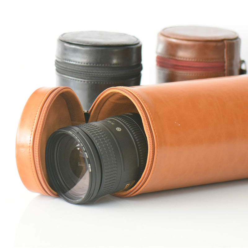 Camera Lens Bag Lens Pocket PU Leather Cover for Nikon Canon Sony Fujifilm etc - Size: L / Brown