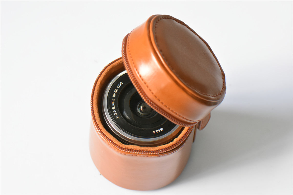 Camera Lens Bag Lens Pocket PU Leather Cover for Nikon Canon Sony Fujifilm etc - Size: S / Brown