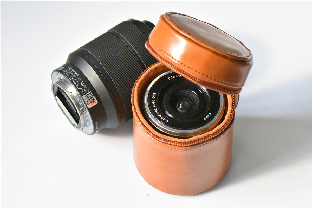 Camera Lens Bag Lens Pocket PU Leather Cover for Nikon Canon Sony Fujifilm etc - Size: S / Brown