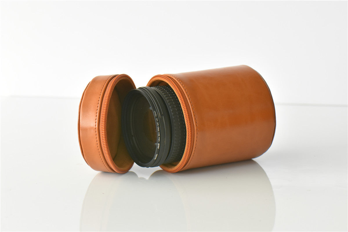 Camera Lens Bag Lens Pocket PU Leather Cover for Nikon Canon Sony Fujifilm etc - Size: S / Brown