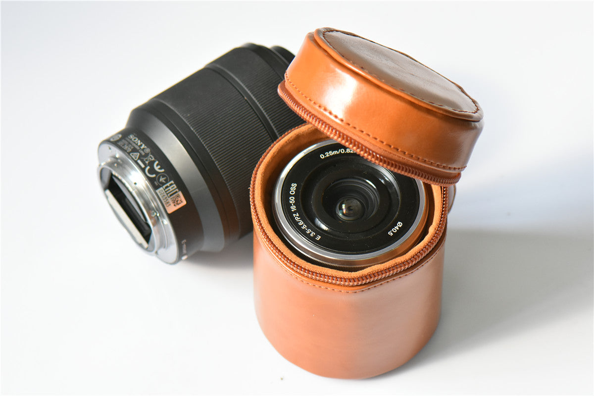 Camera Lens PU Leather Bag Cover for Nikon Canon Sony Fujifilm etc - Size: M / Brown
