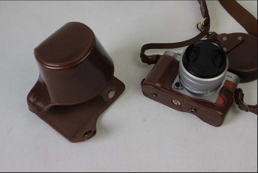 PU Leather Protective Bag Shell + Strap + Camera Lens Bag for Fujifilm XA5 XA20 Camera - Coffee