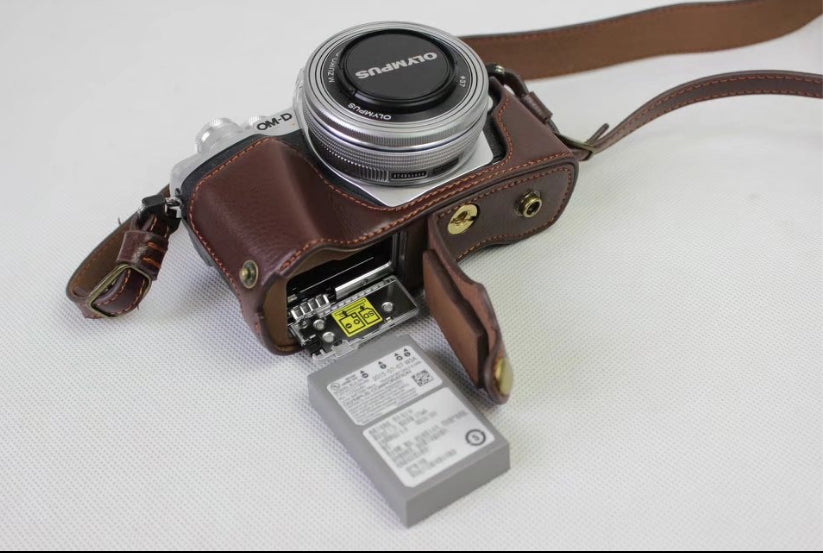 Genuine Cowhide Leather Camera Protection Cover Bag for Olympus OMD E-M10III - Coffee