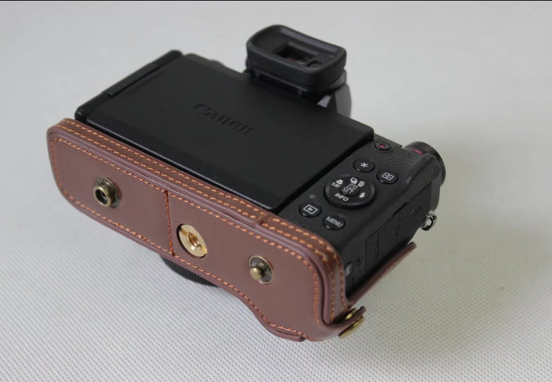 PU Leather Protection Pouch Case + Strap + Camera Lens Bag for Canon Powershot G1XIII - Coffee