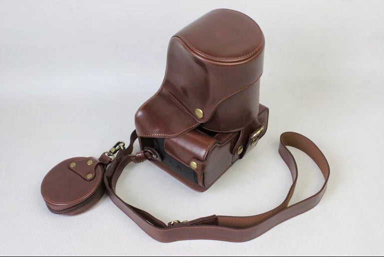 PU Leather Protective Cover + Strap + Camera Lens Bag for Panasonic DMC-GH5GK Camera with 45-150mm Lens - Coffee