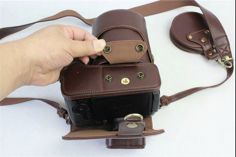 Genuine Leather Protective Cover + Strap + Camera Lens Bag for Panasonic DMC-GH5GK Camera with 45-150mm Lens - Coffee