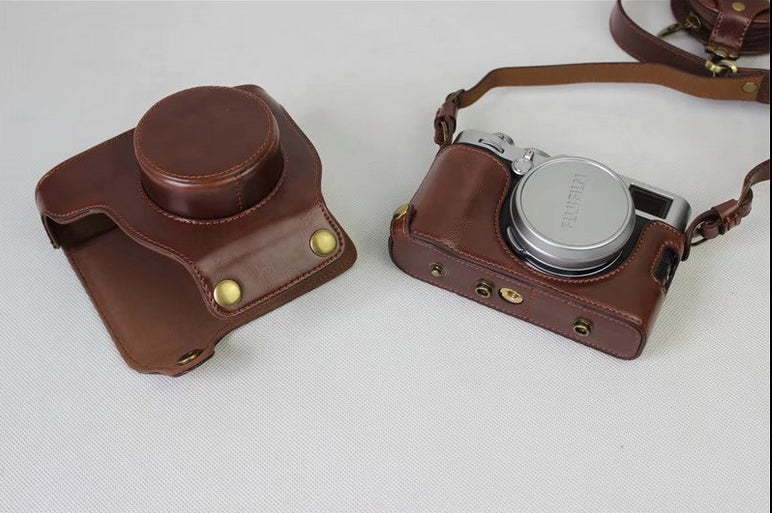 PU Leather Protection Camera Shell + Strap + Camera Lens Bag for Fujifilm X100F - Coffee