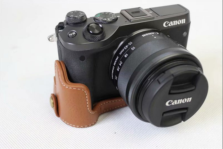 Genuine Cowhide Leather Half Case Bag for Canon EOS M6 Digital Camera - Brown