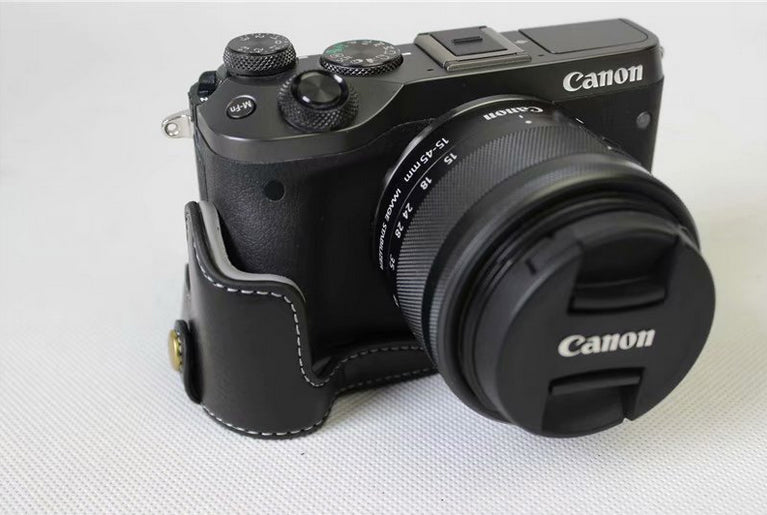 Genuine Cowhide Leather Half Protective Bag for Canon EOS M6 Digital Camera - Black