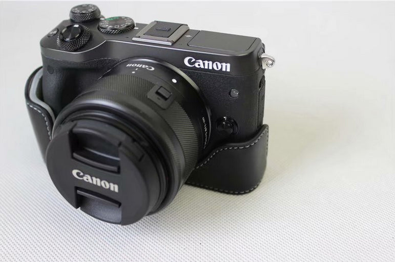 Genuine Cowhide Leather Half Protective Bag for Canon EOS M6 Digital Camera - Black