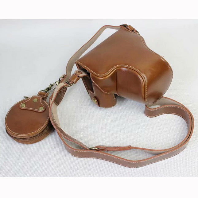 PU Leather Case Bag Protector + Strap + Camera Lens Bag for Canon EOS M6 with 15-45mm Lens - Brown
