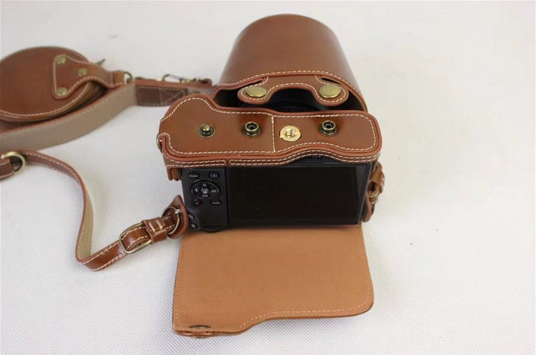 PU Leather Case Bag Protector + Strap + Camera Lens Bag for Canon EOS M6 with 15-45mm Lens - Brown