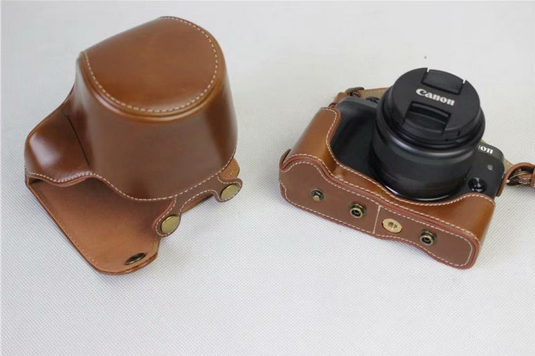 PU Leather Case Bag Protector + Strap + Camera Lens Bag for Canon EOS M6 with 15-45mm Lens - Brown