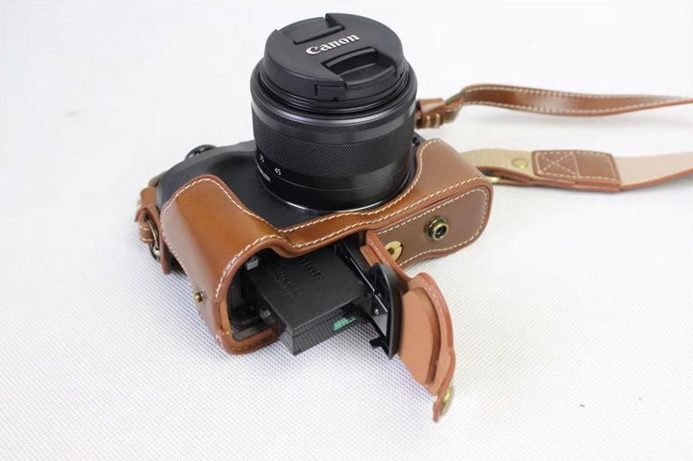 PU Leather Case Bag Protector + Strap + Camera Lens Bag for Canon EOS M6 with 15-45mm Lens - Brown