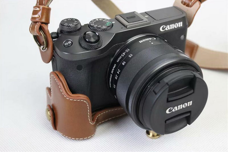 PU Leather Case Bag Protector + Strap + Camera Lens Bag for Canon EOS M6 with 15-45mm Lens - Brown