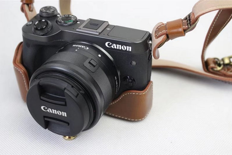 PU Leather Case Bag Protector + Strap + Camera Lens Bag for Canon EOS M6 with 15-45mm Lens - Brown