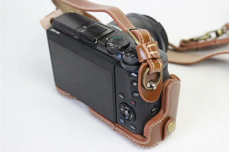 PU Leather Case Bag Protector + Strap + Camera Lens Bag for Canon EOS M6 with 15-45mm Lens - Brown