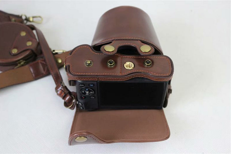 PU Leather Protective Bag Cover + Strap + Camera Lens Bag for Canon EOS M6 with 15-45mm Lens - Coffee