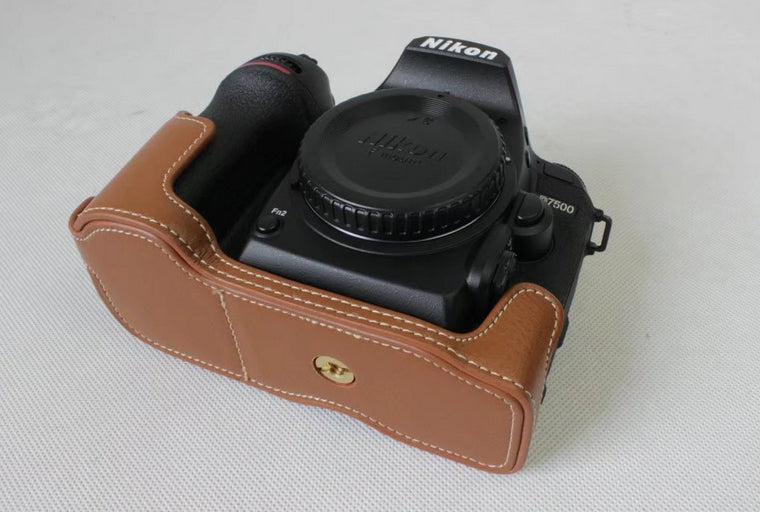 Genuine Cowhide Leather Half Bag Cover for Nikon D7500 Digital SLR Camera - Brown