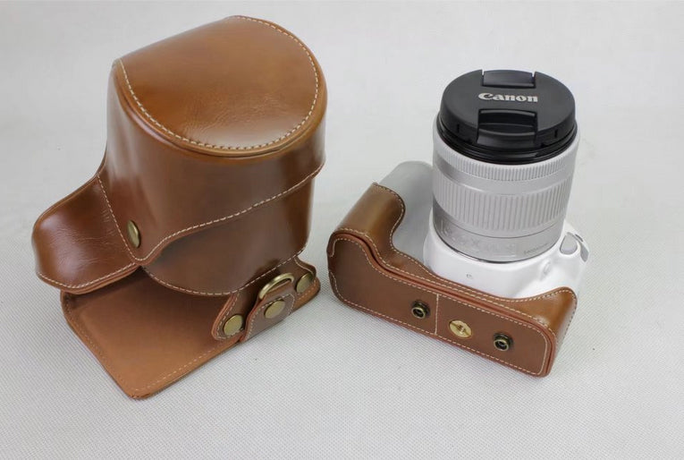 PU Leather Protective Pouch + Strap + Camera Lens Bag for Canon EOS 200D - Brown