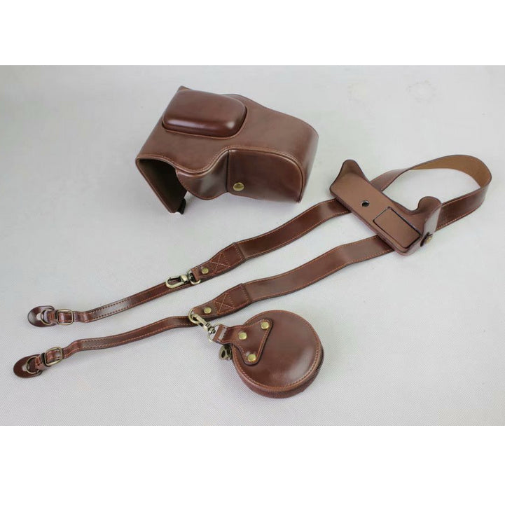 PU Leather Case Bag Protector + Strap + Camera Lens Bag for Canon EOS 200D - Coffee