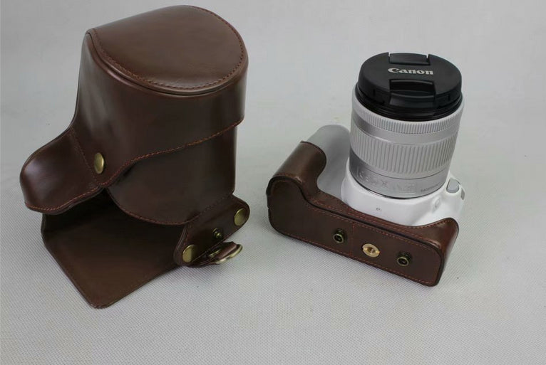 PU Leather Case Bag Protector + Strap + Camera Lens Bag for Canon EOS 200D - Coffee